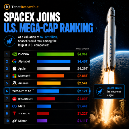 tenet_research's tweet photo. 🚀 SpaceX $SPCX Enters U.S. Mega-Cap Club

At a valuation of $2.12T, SpaceX now ranks among largest U.S. companies

🔹 Nvidia  $NVDA — $4.96T
🔹 Alphabet $GOOGL — $4.40T
🔹 Apple $AAPL — $4.29T
🔹 Microsoft $MSFT — $2.88T
🔹 Amazon $AMZN — $2.54T
🔹 SpaceX $SPCX — $2.12T
🔹 Broadcom $AVGO — $1.80T
🔹 Meta $META — $1.44T
🔹 Tesla $TSLA — $1.22T
🔹 Micron $MU — $1.11T
