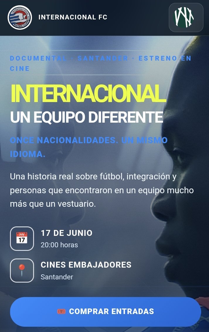 InternacionalFC's tweet photo. Ya están a la venta las entradas para el estreno de INTERNACIONAL. UN EQUIPO DIFERENTE.
📅 17 de junio 🕗 20:00 h 📍 Cines Embajadores Santander
🎟️ Compra tus entradas en: https://t.co/6YhEazW29Z
#InternacionalFC #Documental #Santander https://t.co/JTmbpQNDHB