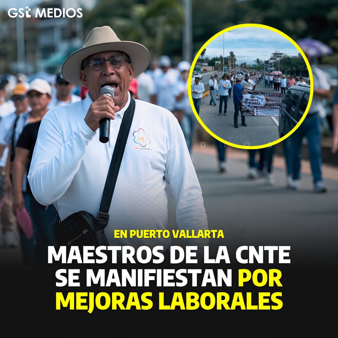VallartaIndep's tweet photo. Maestros de la CNTE se manifestaron en Puerto Vallarta en apoyo a las exigencias laborales estatales. Entre sus principales demandas destacan mejores condiciones de trabajo, la revisión del sistema de pensiones y aumento salarial.

Nota completa en: https://t.co/zZUAmm3Cp9 https://t.co/713YKxffKs