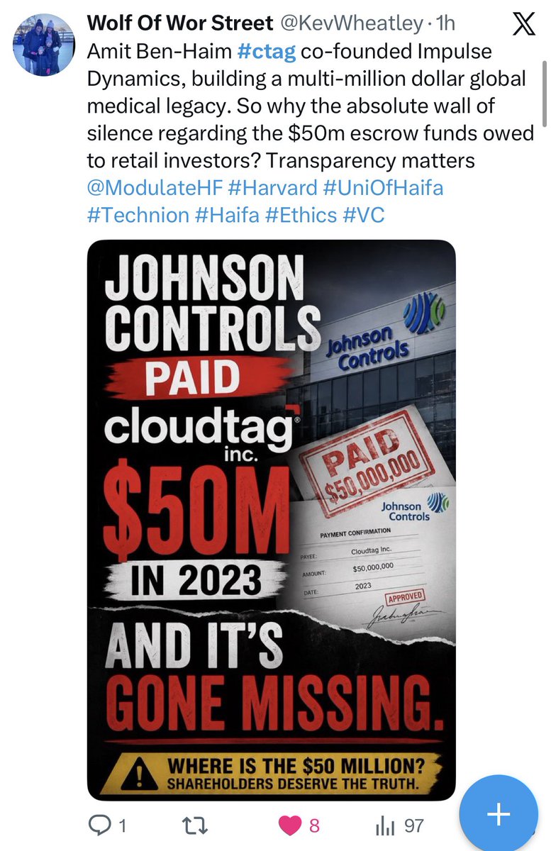 KevWheatley's tweet photo. #ctag
@johnsoncontrols
@DuncanLewis
@cibc Chicago
Amit Ben-Haim @ModulateHF
Where is shareholders missing $50m
Shabbat shalom
#UniOfHaifa #Technion #Haifa #IsraelTech #MedTech #StartupNation #IsraeliTech #HaifaTech #IsraelHighTech #TelAvivTech #IsraelBusiness #VCIsrael https://t.co/uMIslL5XuC