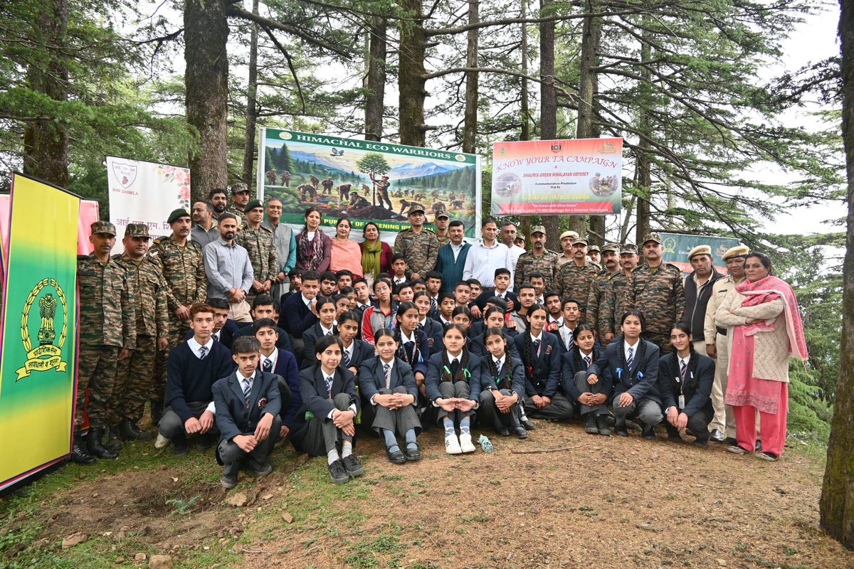 westerncomd_IA's tweet photo. #GreenWarriors 
#EcoTaskForce 
#Afforestation
 #SustainableFuture  

As part of the #KnowYourTA campaign, troops of 133 Eco TA (Paryavarani) Battalion, under #WesternCommand, joined hands with the ‘Surya Green – Himalayan Odyssey’ team, TATA EV, and enthusiastic students from GSSS Kufri and #IHMKufri to conduct a large-scale plantation and environmental awareness drive in Shimla.

The Himalayan Odyssey, flagged off from Kasauli, is aimed at promoting environmental stewardship, sustainable mobility, and stronger community engagement. Through active participation in plantation activities and awareness initiatives, the event reinforced the collective commitment towards preserving the fragile Himalayan ecosystem.

The initiative highlighted the vital role of the Territorial Army in environmental conservation while inspiring the younger generation to become responsible custodians of nature. Together, soldiers and students pledged to contribute towards a greener, cleaner, and more sustainable future.

@adgpi 
@suryacommand