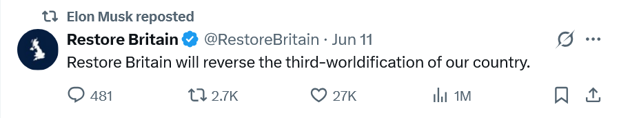 BladeoftheS's tweet photo. The world's first trillionaire spends his days RTing this kind of racist bile to try incite trouble. https://t.co/d9wYlB6gOi