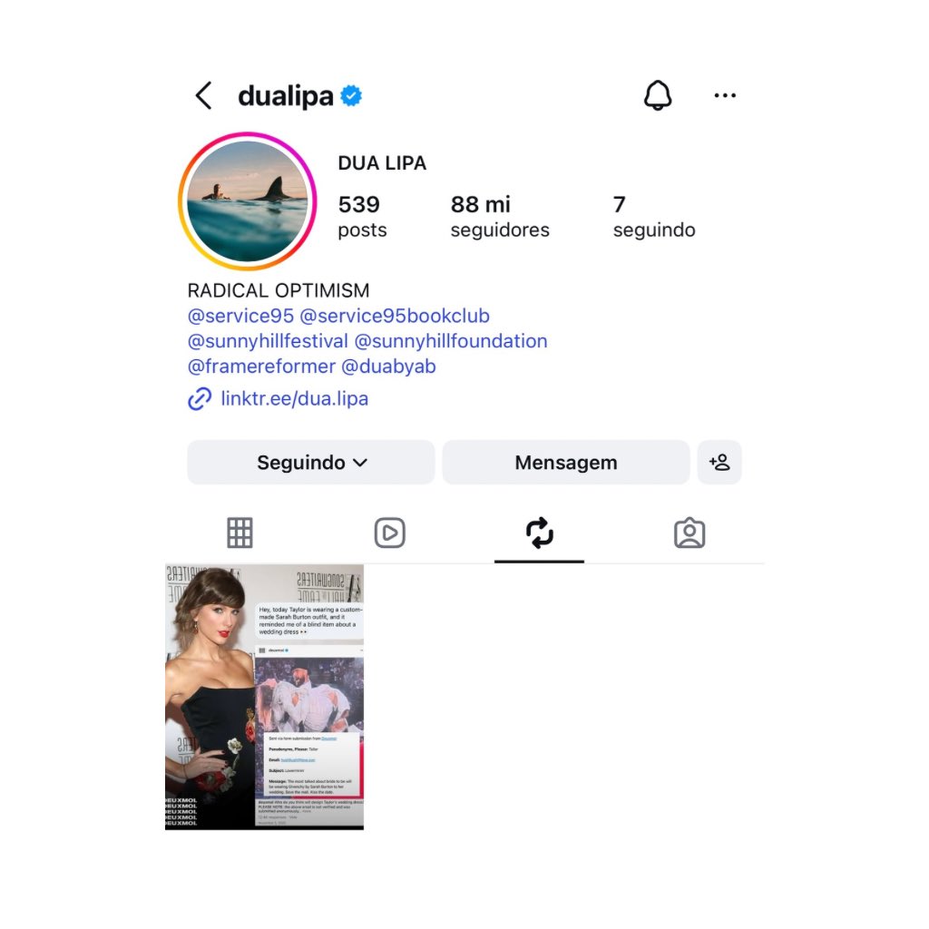 updateswiftbr's tweet photo. NOIVAS DO ANO! 🥹🤍

Dua Lipa republicou, provavelmente sem querer, uma publicação do DeuxMoi sobre o vestido criado por Sarah Burton para Taylor Swift na cerimônia do Songwriters Hall of Fame.

A cantora já removeu a republicação, o que reforça a possibilidade de ter sido um engano.