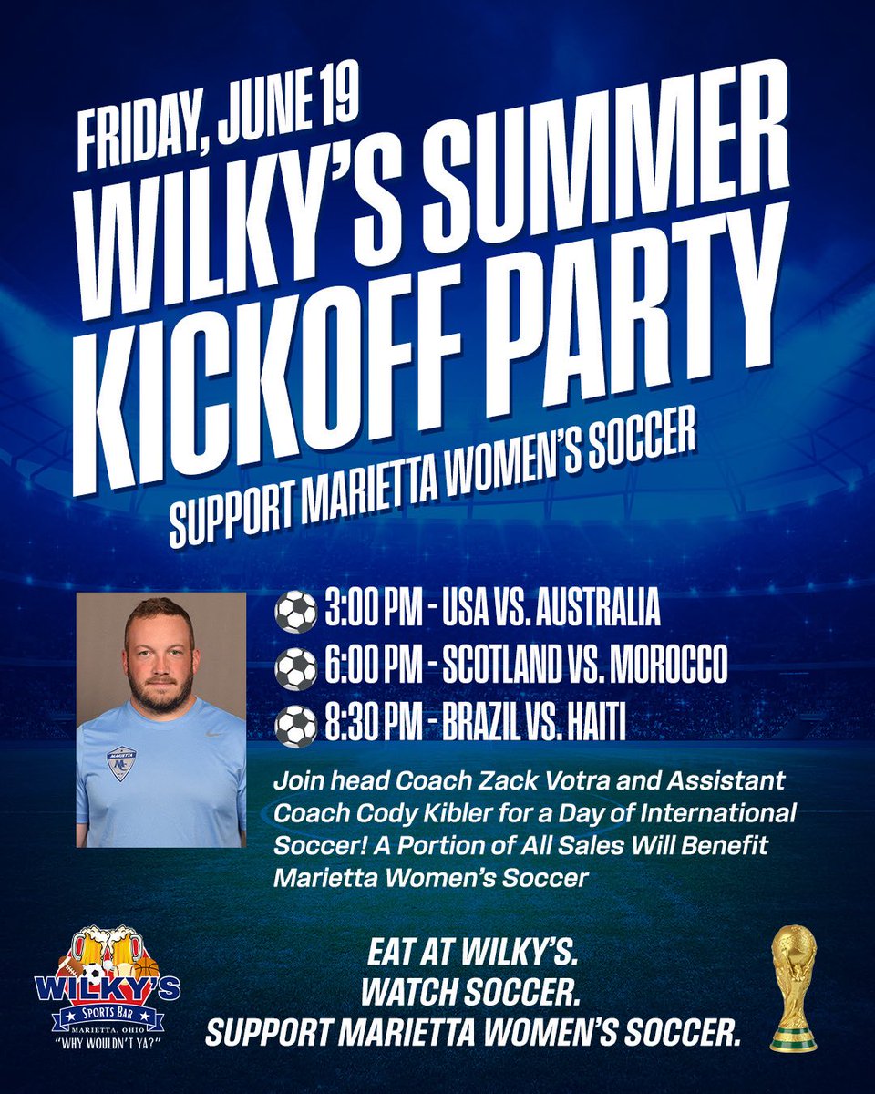 MC_WSoccer's tweet photo. Join us at Wilky’s Sports Bar for an exciting day of World Cup action while supporting the Marietta College Women’s Soccer Team!

📍 Wilky’s Sports Bar, Marietta
📅 6/19
⏰ Come catch 3 World Cup matches on the big screens! https://t.co/Rzabw8PmI0