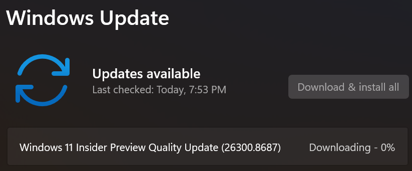 ErikMoreau's tweet photo. #Flighting Windows 11 Build 26300.8687 in the #Experimental Channel @windowsinsider @DJ_EddieL @NorthFaceHiker @JenMsft @marcusash @maisondasilva @megahoch @brandonleblanc @JamesvandenBerg @aavdberg #areyouflightingyet #WindowsInsiders https://t.co/J9KZunaHP9 https://t.co/QSJuLaqveA