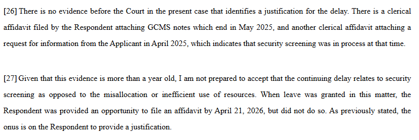 smeurrens's tweet photo. Federal Court rules that, at a mandamus hearing, the Department of Justice cannot rely on an affidavit filed before leave was granted stating that a delay is attributable to security screening. If the Minister wishes to rely on security screening as the ongoing cause of the delay, the Minister must file updated affidavit evidence after leave is granted confirming that security screening continues to be responsible for the delay.

https://t.co/debNALFy72