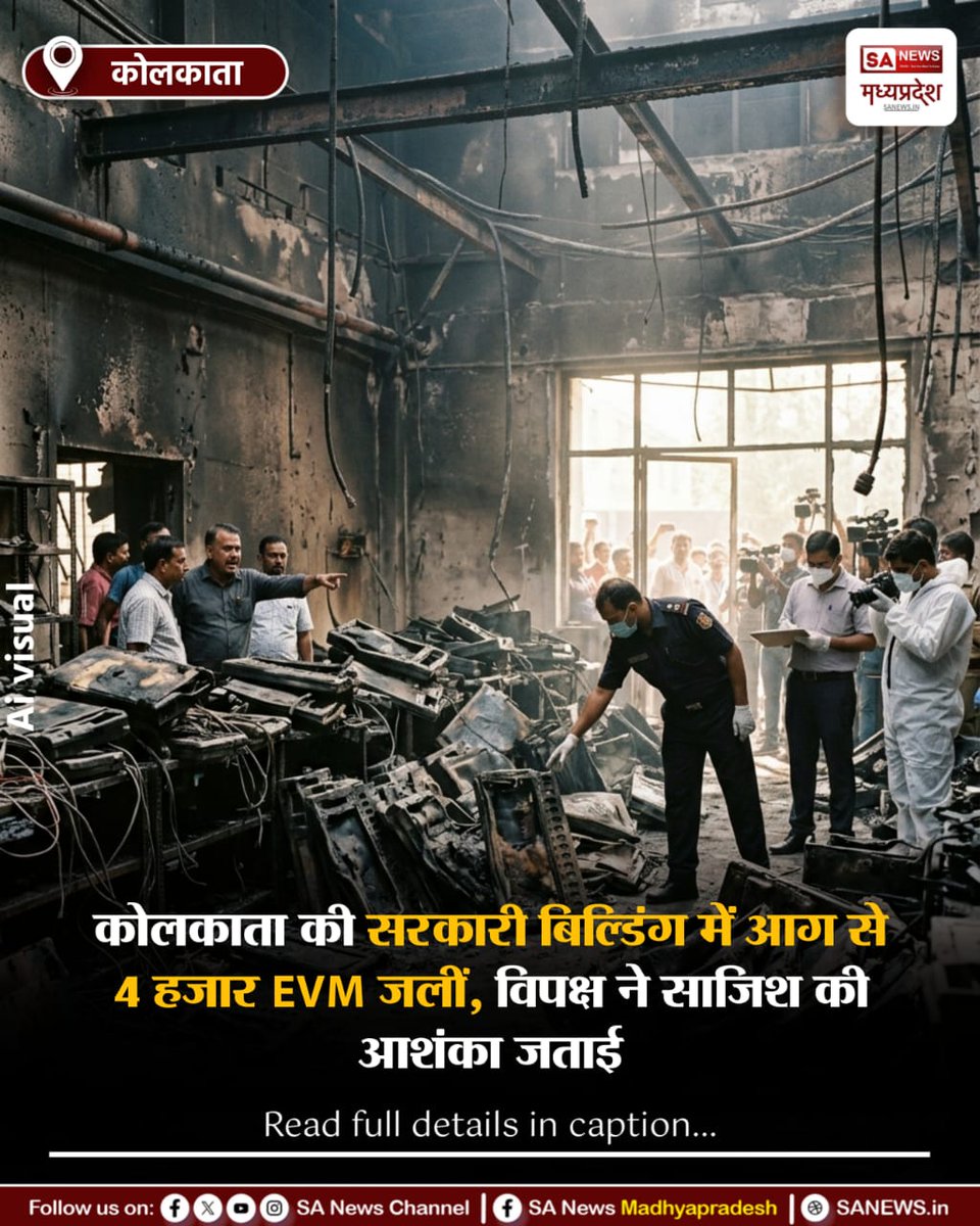 SAnewsMP's tweet photo. कोलकाता | कोलकाता की एक सरकारी बिल्डिंग में आग लगने से करीब 4 हजार EVM मशीनें जल गईं। विपक्षी दलों ने साजिश की आशंका जताते हुए चुनाव आयोग और सरकार से जवाब मांगा है। मामले की जांच के लिए SIT गठित की गई है।

#KolkataFire
#EVM
#WestBengal
#PoliticalNews
#sanewsmadhyapradesh https://t.co/I2ADRgsAQT