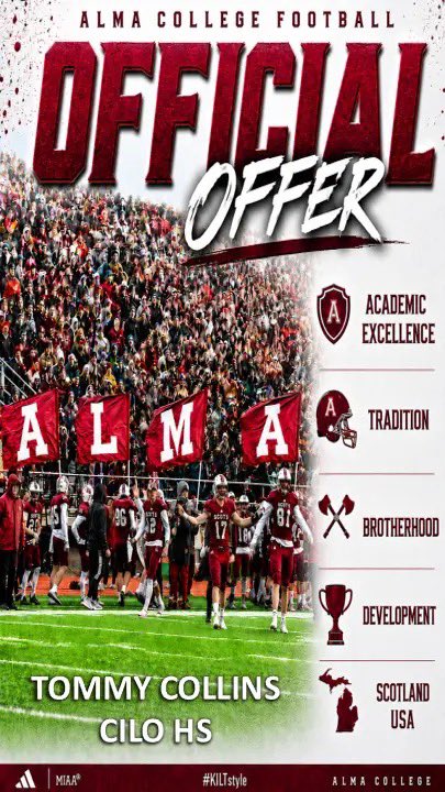 TommyCollins30's tweet photo. After a great day competing at camp and an amazing phone call with @Coach_OGara I am blessed to receive my second official offer from Alma University! @AlmaScotsFB #GoScots https://t.co/0ZYWdFo8cp