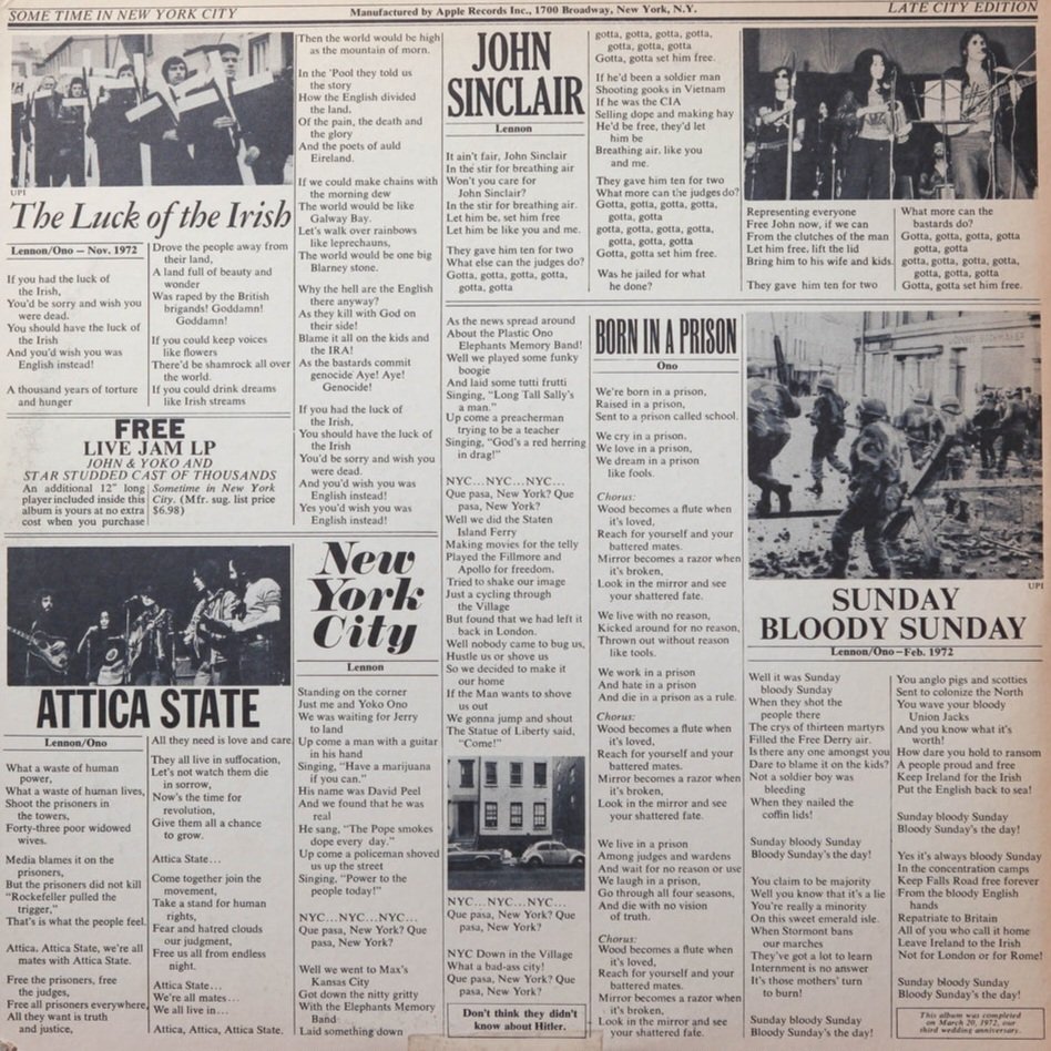 groovyhistory's tweet photo. June 12, 1972 - Some Time in New York City, a studio album by John Lennon, Yoko Ono and Elephant's Memory, and paired with the live album Live Jam featuring Frank Zappa &amp; the Mothers of Invention, is released as a double album in the U.S... https://t.co/9pukPezYTY #todayinhistory https://t.co/WoNxohIVKB