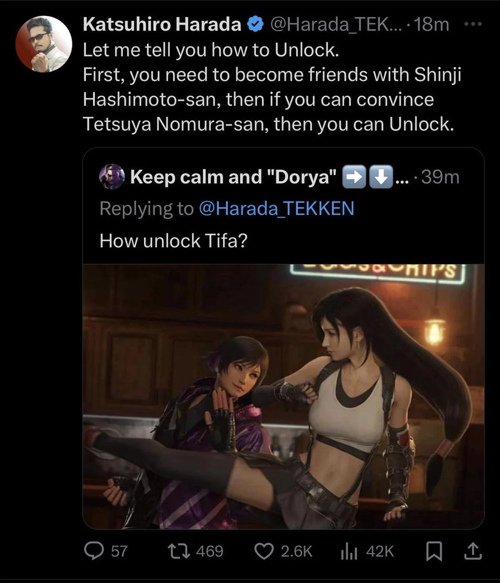 Madxus5's tweet photo. @InVaines you just have to take it, remember when your community asking harada for tifa until he have to make this tweet. you say this opinion at the wrong time you should have say it before they announce tifa in sf6, now they see any post from tekken player now hating tifa is coping https://t.co/xLfIkhxg8h