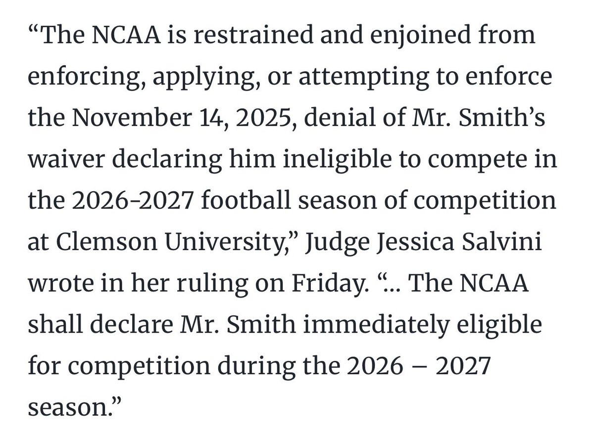 WinterSportsLaw's tweet photo. Another injunction granted by a state court enjoining an NCAA eligibility decision.

The NCAA refused to not court his JUCO seasons as seasons of DI competition.

NCAA has a problem on its hands since it granted the Pavia waiver but now refuses to do so going forward. https://t.co/QR6D1QVuZ4