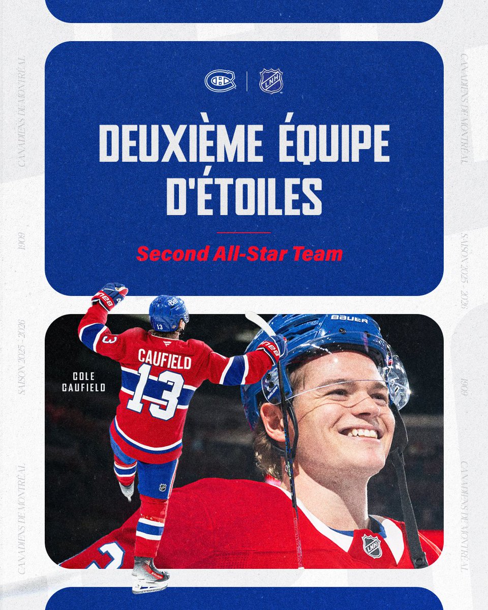 CanadiensMTL's tweet photo. Cole Caufield a été nommé au sein de la Deuxième équipe d'étoiles de la LNH pour la saison 2025-2026! ⭐

Cole Caufield has been named to the NHL Second All-Star Team for the 2025-26 season!

#GoHabsGo https://t.co/dbjEEAFJd1