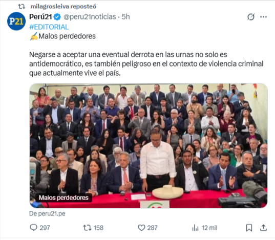 JotaMoreno24's tweet photo. La misión de Observación Electoreal de la Unión Europea sostuvo que Perú21 y Willax tuvieron la peor cobertura informativa por su sesgo negativo en contra de Roberto Sánchez y a favor de Keiko, y en este post vemos a Perú21 hablando de "malos perdedores" y a una "periodista" de Willax reposteando la info. El chiste se cuenta solo. La pregunta es ¿El colegio de periodistas del Perú dirá algo sobre esto o solo se dedicará a seguir cobrar las cuotas de colegiatura?