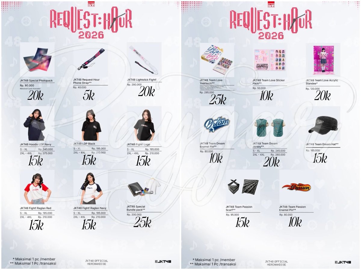 RaygarSwank's tweet photo. OPEN JASTIP MERCHANDISE JKT48 REQUEST HOUR 2026

Fee dibawah naik karena item yg bertanda (**) itu cuma bisa beli 1pcs/transaksi 😭

#JastipJKT48 #WTS #WTB #JastipMerch https://t.co/fs76I240lC
