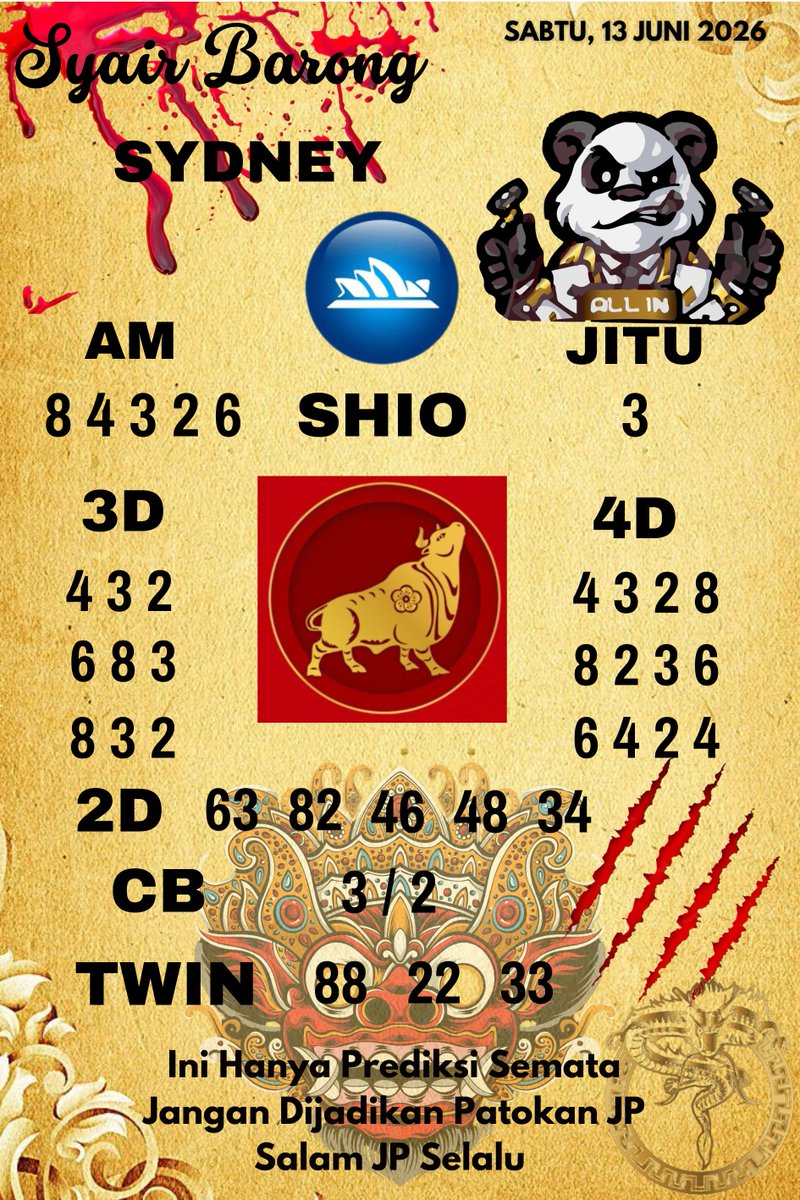 DensusTotoVIP's tweet photo. SYAIR/PREDIKSI TOGEL SYDNEY SABTU, 13 JUNI 2026
#prediksisydney #togelsyd #kodesyair #togelsydney #densustoto #resultsyd #indonesia #togelonlineindonesia #bandartogel #hasiltogel #totomjp #prediksitop #juditogelonline https://t.co/TG5QZYVud0