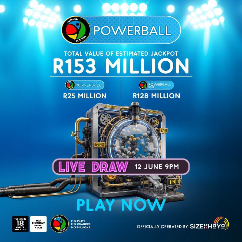 Mbasa__Kula's tweet photo. #Ad
Are you feeling lucky? An estimated R153 million total jackpot is up for grabs tonight💰

Buy tickets on https://t.co/AgUctQjTyd &amp; catch the live draw at 9pm on eTV/SABC 📺 Mo’Plays. Mo’Chances. Mo’Millions 

#Sizekhaya #SAPowerball #SANationalLottery | 18+.Play Responsibly https://t.co/GFRcF5aHrI