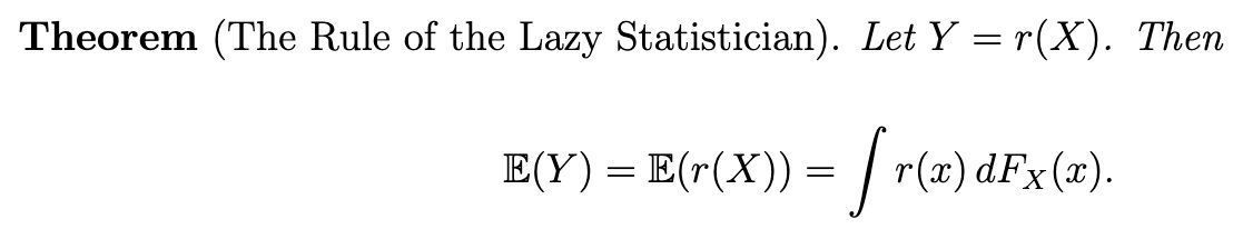 jumbong_junior's tweet photo. Let Y = r(X). How do you compute 𝔼(Y)? The obvious answer: find the distribution of Y, then integrate. But there is a simpler way. 
𝗧𝗵𝗲 𝗟𝗮𝘄 𝗼𝗳 𝗧𝗵𝗲 𝗨𝗻𝗰𝗼𝗻𝘀𝗰𝗶𝗼𝘂𝘀 𝗦𝘁𝗮𝘁𝗶𝘀𝘁𝗶𝗰𝗶𝗮𝗻 tells you: https://t.co/6BKoIQ6Kha