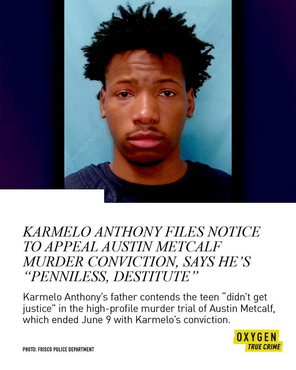 oxygen's tweet photo. Karmelo Anthony has filed a notice to appeal his murder conviction. #OxygenTrueCrimeNews

Visit the link for more: https://t.co/W93jgblQ4y https://t.co/FNj6GT9qPw