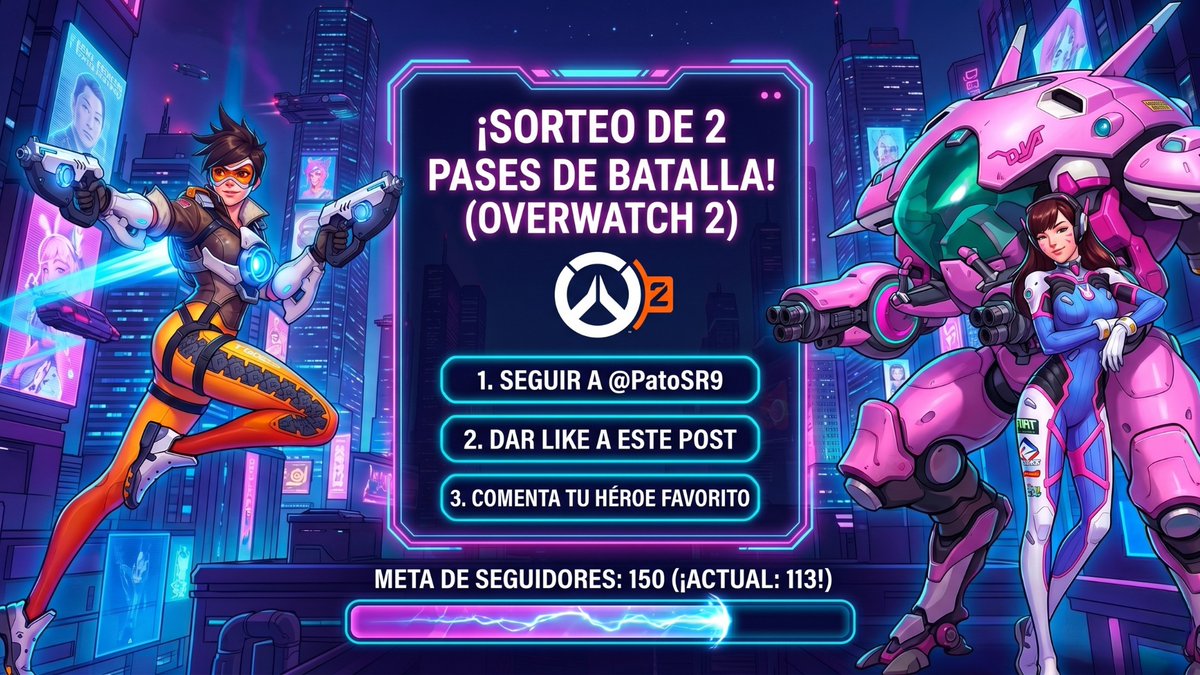 PatooSR9's tweet photo. ¡SORTEO DE OVERWATCH 2! 🎁🎮 Sorteo 2 Pases de Batalla. ¡se sortea en cuanto lleguemos a los 150 seguidores en Tik Tok! 🚀
Para participar: 
1️⃣ Sígueme (@PatoSR9 ) 
2️⃣ Dale ❤️ y RT a este tweet 
3️⃣ Responde: ¿Cuál es tu héroe favorito? 👇

¡Mucha suerte a todos! #Overwatch2 #OW2 https://t.co/fNIhPxwJ9n