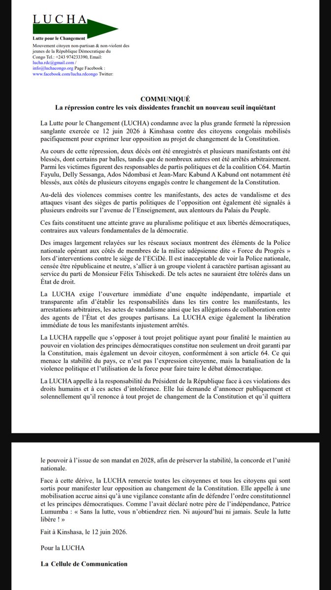StanysBujakera's tweet photo. #RDC: "La LUCHA appelle à la responsabilité du Président de la République face à ces violations des droits humains et à ces actes d’intolérance. Elle lui demande d’annoncer publiquement et solennellement qu’il renonce à tout projet de changement de la Constitution et qu’il quittera le pouvoir à l’issue de son mandat en 2028, afin de préserver la stabilité, la concorde et l’unité 
nationale.", (Communiqué)