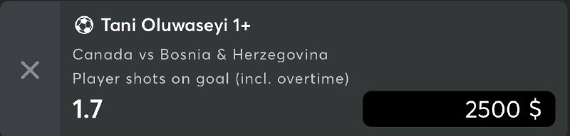 Gowlbets's tweet photo. World Cup 🏆

Canada - Bosnia Herzegovina

Tani Oluwaseyi shots on goal 1+ 🎯 1.70

Good Luck 🍀 https://t.co/bqhaVPiaX8