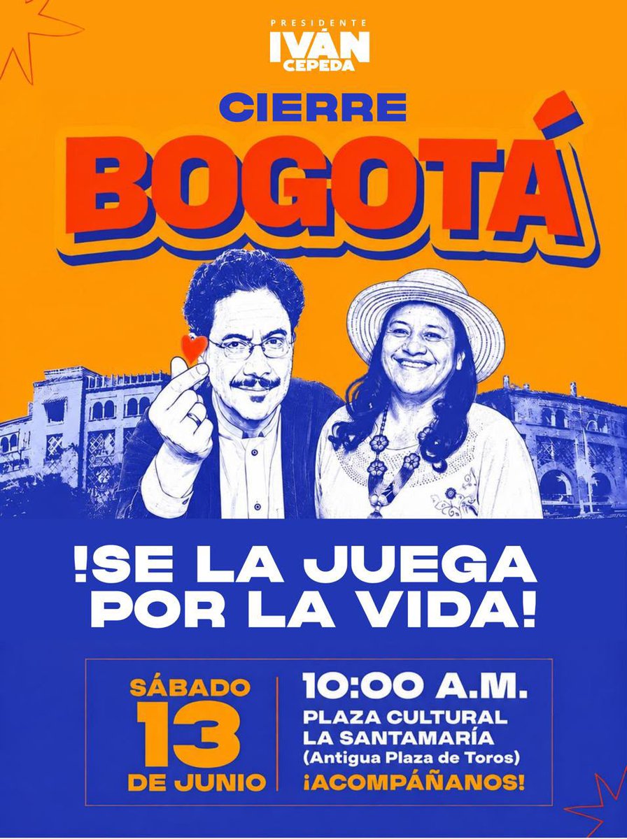 cutcolombia's tweet photo. Bogotá se la juega por la vida, la democracia y los derechos de las y los trabajadores.
La @cutcolombia invita a toda la ciudadanía, al movimiento sindical, social y popular a participar en el gran cierre de campaña en Bogotá.
 Porque defender el trabajo digno, la justicia social, la paz y la democracia requiere la participación de todos.
📍 Plaza Cultural La Santamaría
📅 Sábado 13 de junio
🕙 10:00 a.m.
¡Llenemos las calles de esperanza y compromiso con el futuro de Colombia!