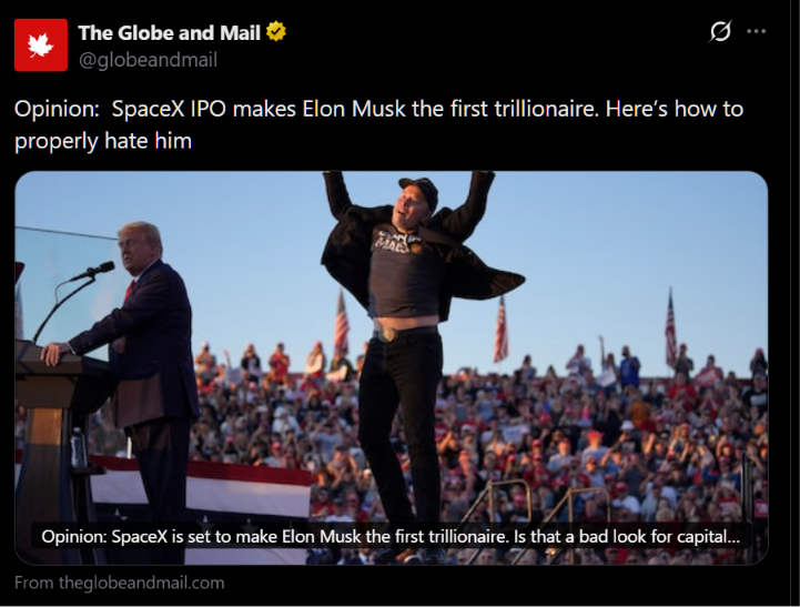 ConservativeYYJ's tweet photo. @Adam_Stirling Yet, Globe and Mail is on a campaign to make everyone hate Elon Musk because he's not woke. https://t.co/uncvR7jXBH