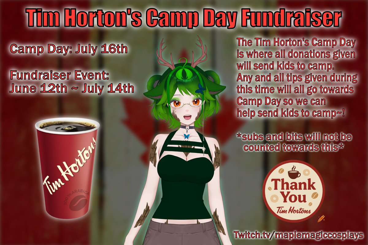 MapleMagicCosp's tweet photo. Starting today, we will be starting our month long fundraiser for the Tim Horton's Camp Day~! For those who do not know, every year Tim Horton's sends kids to camp. This charity is one that is near and dear to my heart. There is no pressure as always~!

#canadian #vtuber #charity https://t.co/TmOuDXGooU