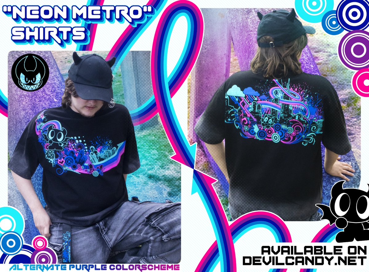 DEVILCANDYMERCH's tweet photo. My new Neon Metro shirts come in 2 variations, and they're definitely my most colorful shirts yet! 
I'm so glad I was able to have these done in time for Pride Month! 🏳️‍🌈 https://t.co/tivUTmGFgA