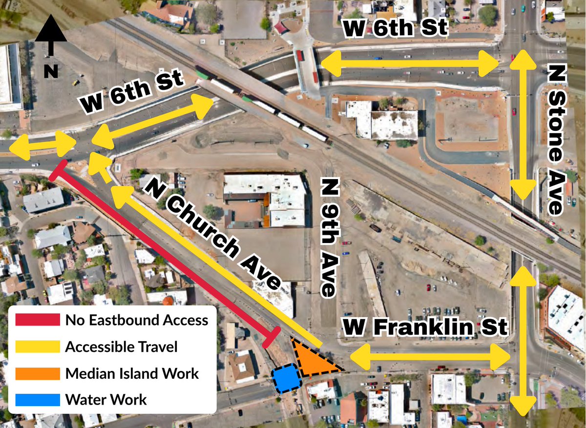 Tucson_DTM's tweet photo. On June 15 crews will begin work on the median island at Church Ave &amp; Franklin St. Eastbound travel on Church will be closed. Westbound will remain open. This will be in place through early July. Also beginning Monday, the new traffic signal at Church &amp; 6th St will be activated. https://t.co/zlCEYrqRPR