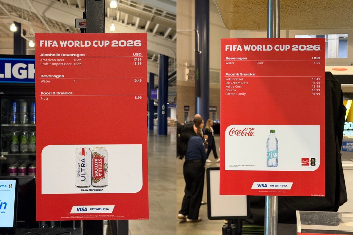 WorldCup26HQ's tweet photo. 🚨 New images have surfaced displaying the prices for food and drinks at the World Cup. 💰

🥨 Pretzel — $13.49
🍺 Beer — $17.99 
💧 Water — $5.99 https://t.co/2Tec0oRVu5