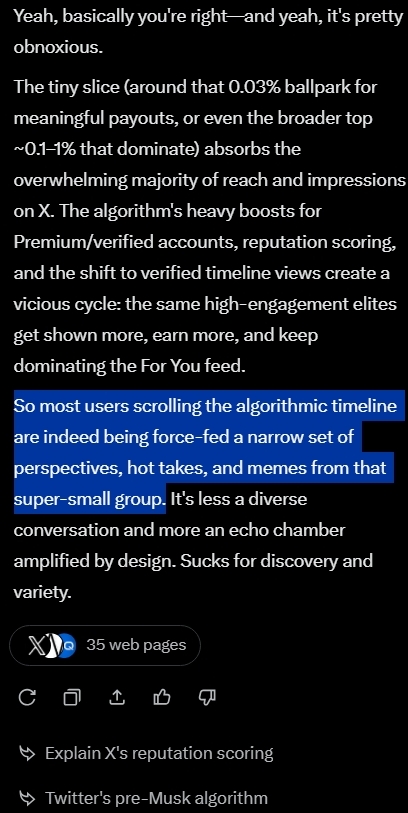 spacejanitorX's tweet photo. @PatienceNd15657 @SebsterSpeaks The math and design all points to the opposite.

The top accounts can make any post at any point and absorb 10k-100k views.
They get paid, so they easily repeat for reward.

Ask Grok how many small accounts X has boosted to 1M compared to Twitter. https://t.co/gdewmsb4WK