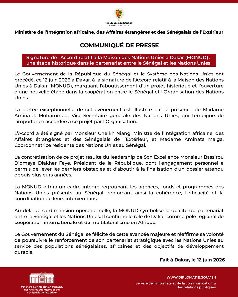 miaae_senegal's tweet photo. #COMMUNIQUÉ DE PRESSE

Signature de l’Accord relatif à la Maison des Nations Unies à Dakar (MONUD) : une étape historique dans le partenariat entre le Sénégal et les Nations Unies. https://t.co/Zkvw03SuzZ