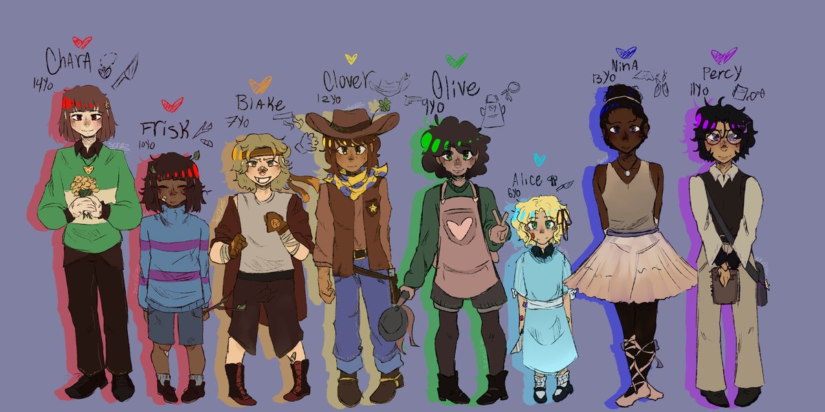 BuckleWynona's tweet photo. i found this cool art featuring the fallen humans on Tumblr, made by someone named "serv0z"
and look, Clover and Olive are here too :D
#notmyart #undertale #undertaleyellow #undertalegreen #undertalefanart https://t.co/vQYvSuDjNq
