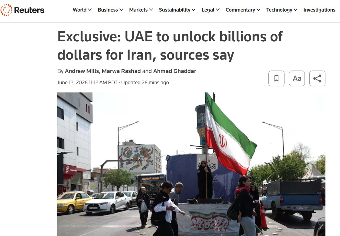 pakistanwalli's tweet photo. BIG! The UAE is going to unlock billions of dollars to Iran, including transfers of up to $20 billion, in an attempt to reset relations after the recent war. $3 billion has already been paid. (Reuters) https://t.co/KSJwcSZnCO
