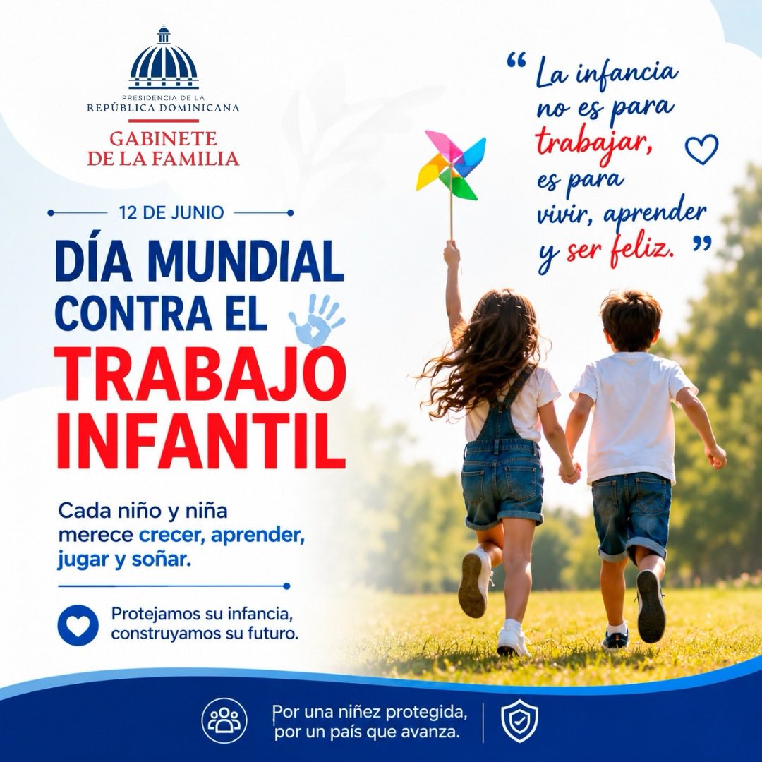 MFSPeravia's tweet photo. En el Día Mundial contra el Trabajo Infantil reafirmamos nuestro compromiso con la protección integral de la niñez y la construcción de entornos seguros que les permitan crecer, desarrollarse y alcanzar sus sueños.

Erradicar el trabajo infantil es una responsabilidad compartida. https://t.co/1Lcwtc5jBo