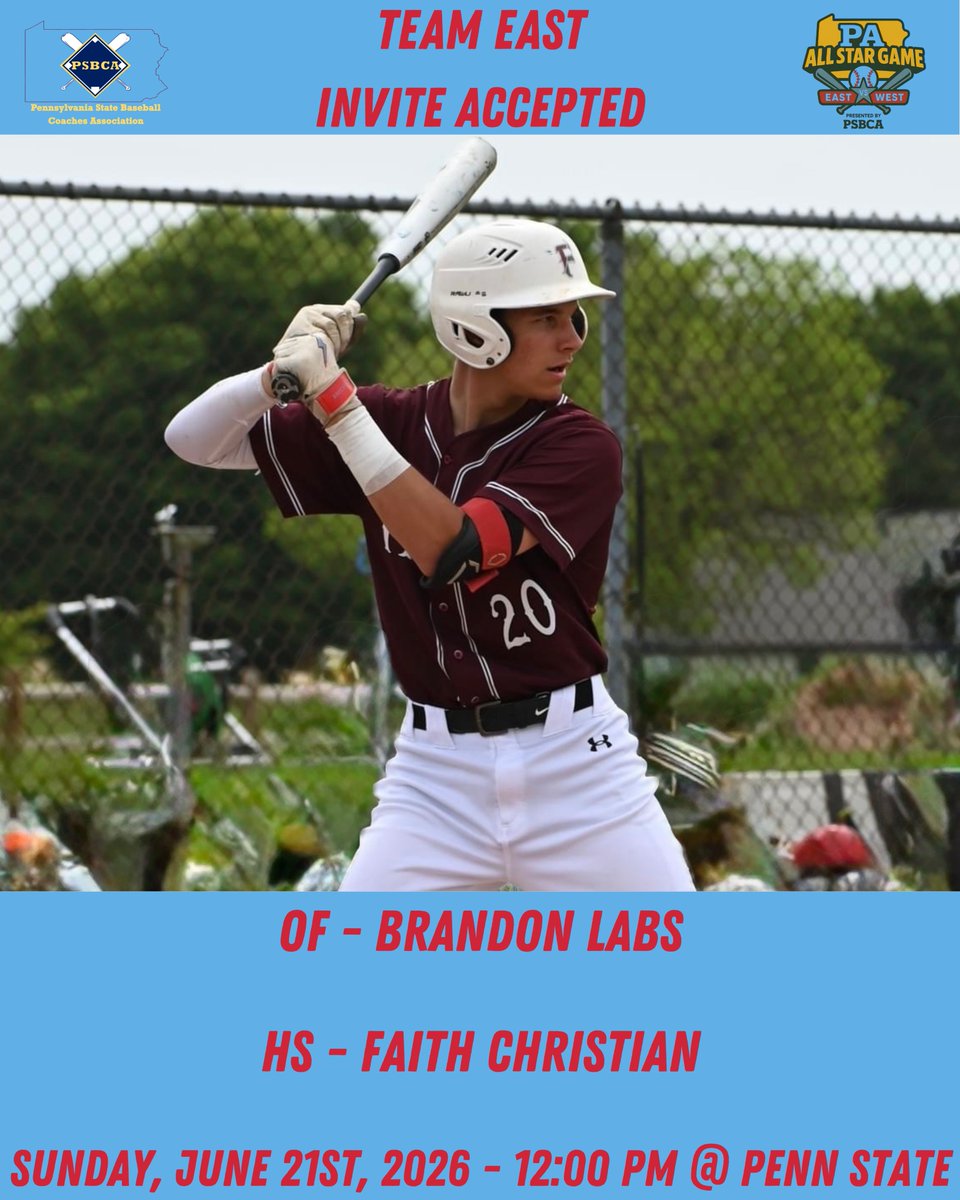 pabasecoaches's tweet photo. INVITE ACCEPTED ‼️

 Introducing Brandon Labs, an outfielder from Faith Christian, who will be representing Team East in this year's East vs West game in State College on June 21st! https://t.co/2fkd2Llx83