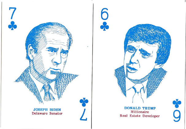 True4N3URY5M's tweet photo. this political deck of cards from 1988 has trump and biden as the 6 &amp; 7 of clubs https://t.co/4GPoMP6qA6