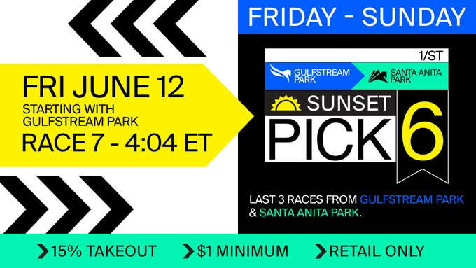 AmWager's tweet photo. Santa Anita Park to race this Monday as make-up day for yesterday's, Thursday’s, #SantaAnitaPark #HorseRacing shortened program from power failure issues! Play today with AmWager, get your low takeout Sunset Pick 6 picks in!  #SunsetPick6 #GulfstreamPark #AmWager #Pick6Picks #LowTakeout🏇6️⃣💵