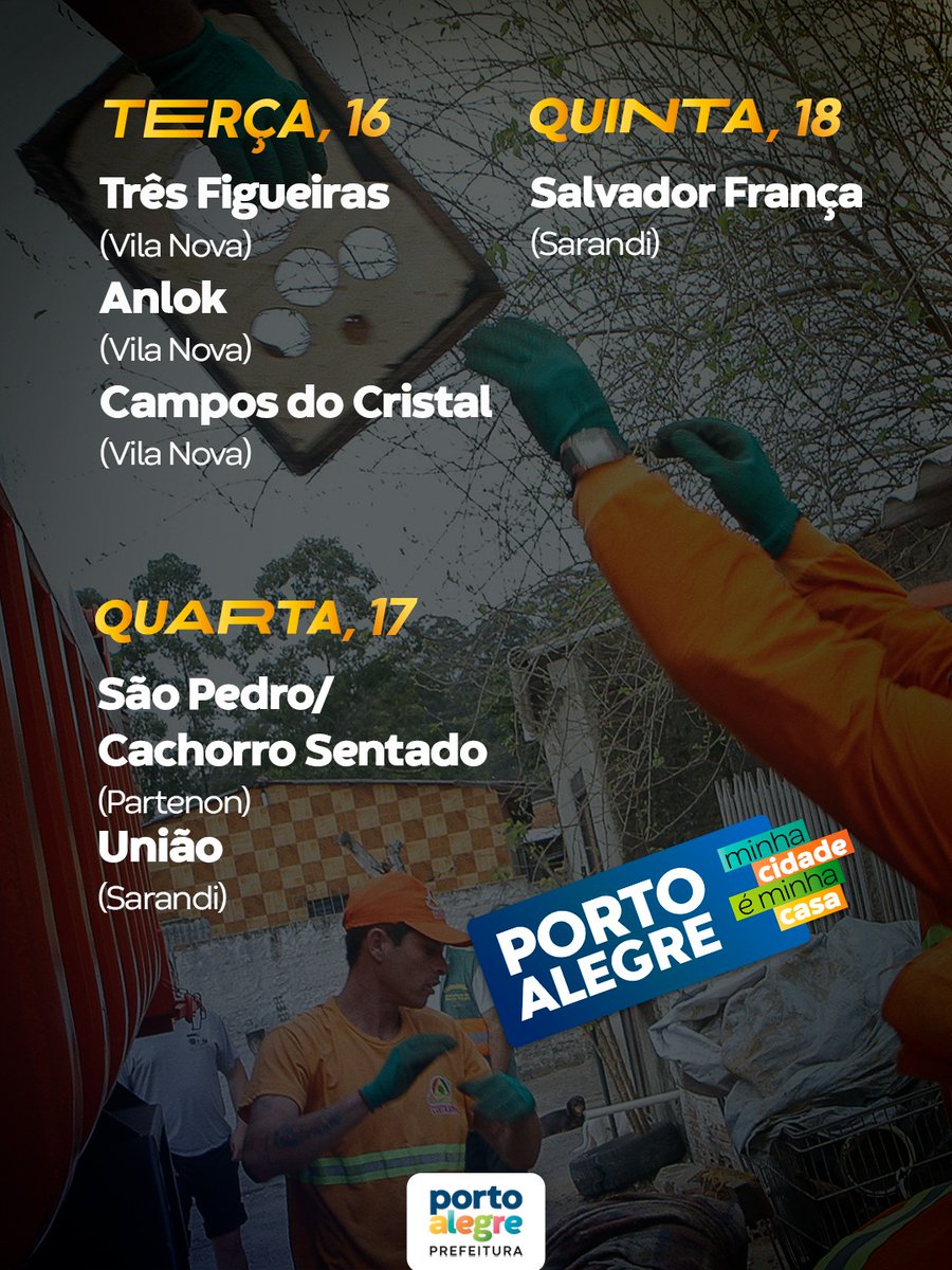 Prefeitura_POA's tweet photo. Próximas datas do Bota-Fora! 🚚

🗑️ A ação auxilia comunidades no descarte de objetos volumosos que não são recolhidos pelas coletas regulares, como colchões, móveis, etc.

👉 Os materiais devem estar em frente às residências na noite anterior, ou até às 7h30 do dia da ação. https://t.co/kfyfuGvKl4