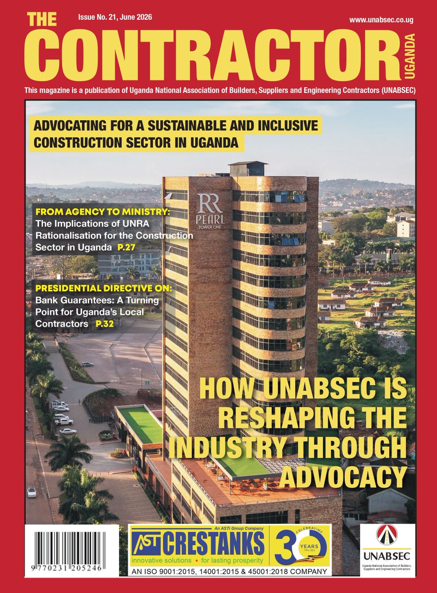 UNABSEC_UG's tweet photo. 📖 The Contractor Magazine – Issue 21 is here!

We are pleased to share Issue 21 of The Contractor Magazine, featuring the theme: “Advocating for a Sustainable and Inclusive Construction Sector in Uganda.”

This issue highlights key industry insights, policy developments, advocacy milestones, innovations, and stories shaping the future of Uganda’s construction sector. 
Download your free copy using this link https://t.co/rUV2kGswMj

@MoWT_Uganda @PPDAUganda @crestanks @UIPE_Uganda @stil_group @UACE_Uganda @ApolloBuregyeya @EACOP_ @mofpedU @NBRBug @yogisteels @APeninah @nemaug @CentenaryBank @FOCICfederation @FUEmployersUg @PSF_Uganda @UgArchSociety @SurveyorsofUG @ERBUganda @CiscotU @PlasconUganda @DynacoLimited @UNABSECPresidnt @CairoBank @Educ_SportsUg @RoofingsGroupUG @HimaCement @kcbbankug @KCCAED @sprinktech @KaziCapitalUg @JamesOlonya @MakerereSoEng @WICIUGANDA @Parliament_Ug @ObothOboth @KagutaMuseveni @NPA_UG @useaug @TotalEnergiesUG @PAU_Uganda @CNOOCUgandaLtd @UDB_Official @ugbankers @nssfug @URAuganda @mtnug @Airtel_Ug @IECUganda
