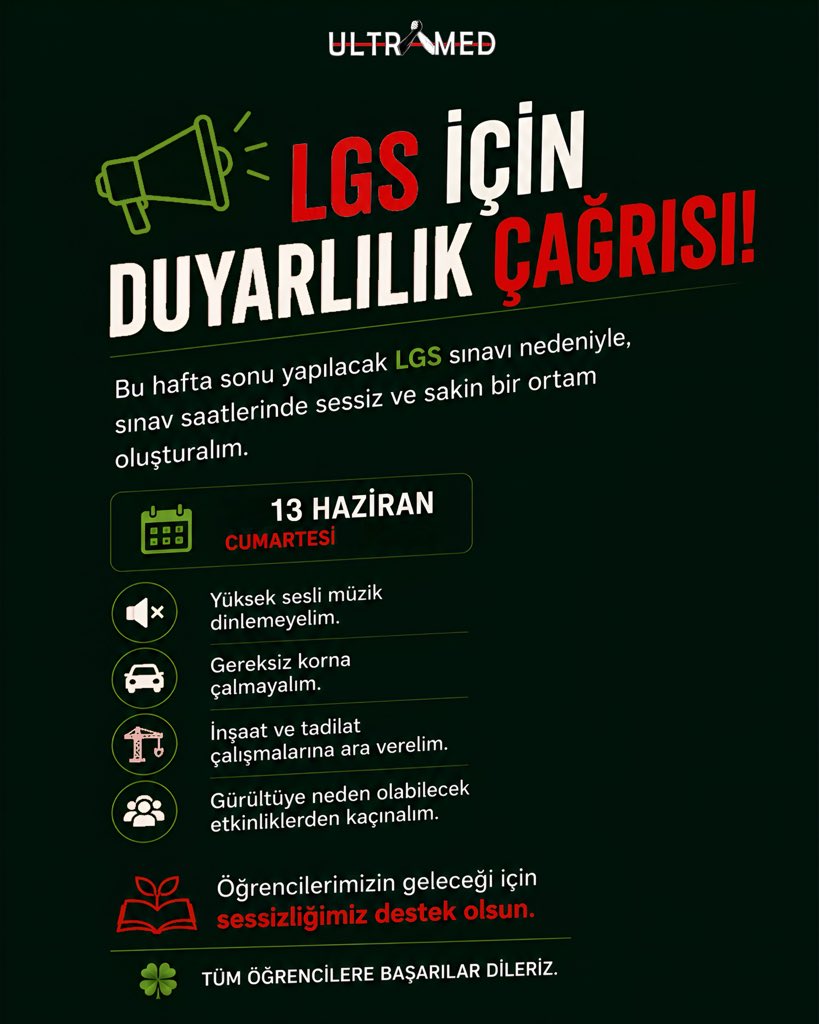 ultramed21's tweet photo. 📢 LGS İçin Duyarlılık Çağrısı

Bu hafta sonu yapılacak LGS sınavı nedeniyle, sınav saatlerinde yüksek sesli müzikten, gereksiz korna kullanımından ve gürültüye neden olabilecek davranışlardan kaçınalım.

📚 Tüm öğrencilere başarılar dileriz. 🍀 https://t.co/IdvAh6KqZE