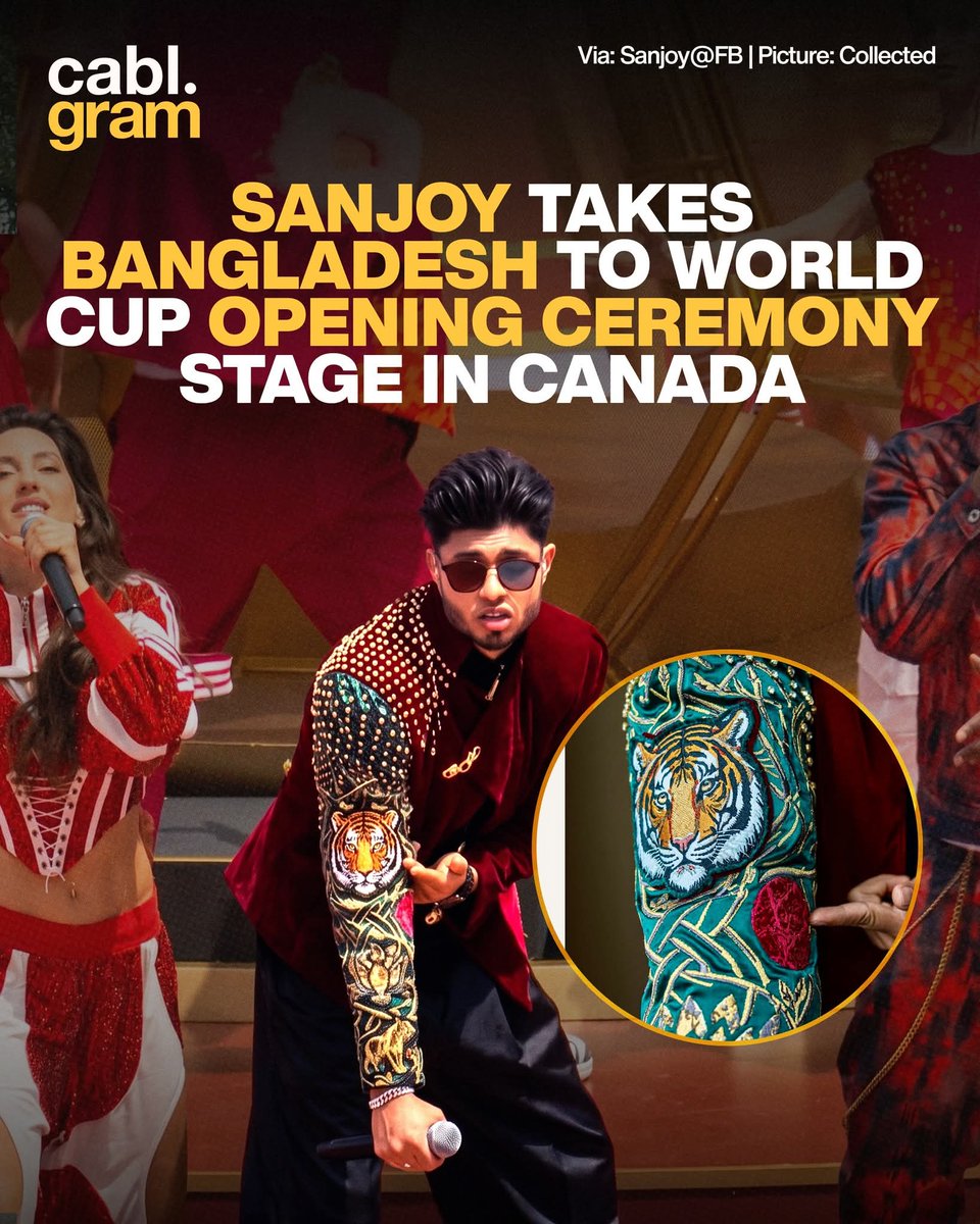 demons_heart21's tweet photo. PROUD MOMENT FOR BANGLADESH. 🇧🇩 

Bangladeshi-American DJ Sanjoy’s outfit today during his electric performance at the FIFA World Cup opening ceremony in Canada. https://t.co/DlX0jwADdS
