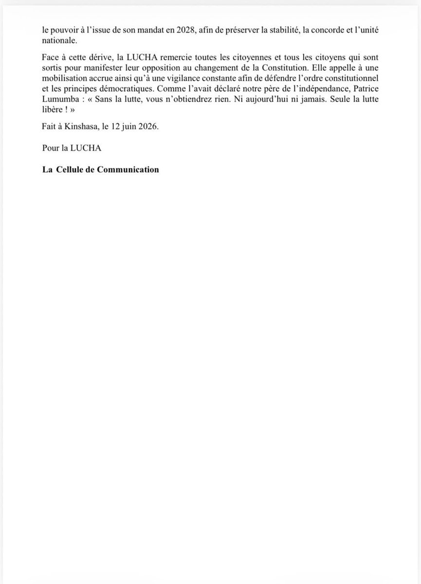 luchaRDC's tweet photo. #Kinshasa
Nous dénonçons la répression sanglante d’aujourd’hui et appelons à une enquête, des sanctions et mesures de non-repetition. 
Pour préserver la paix et l’unité nationale, nous demandons au Président de renoncer publiquement à ce projet de changement de la Constitution.🔽 https://t.co/ZUu9IK0Ew3