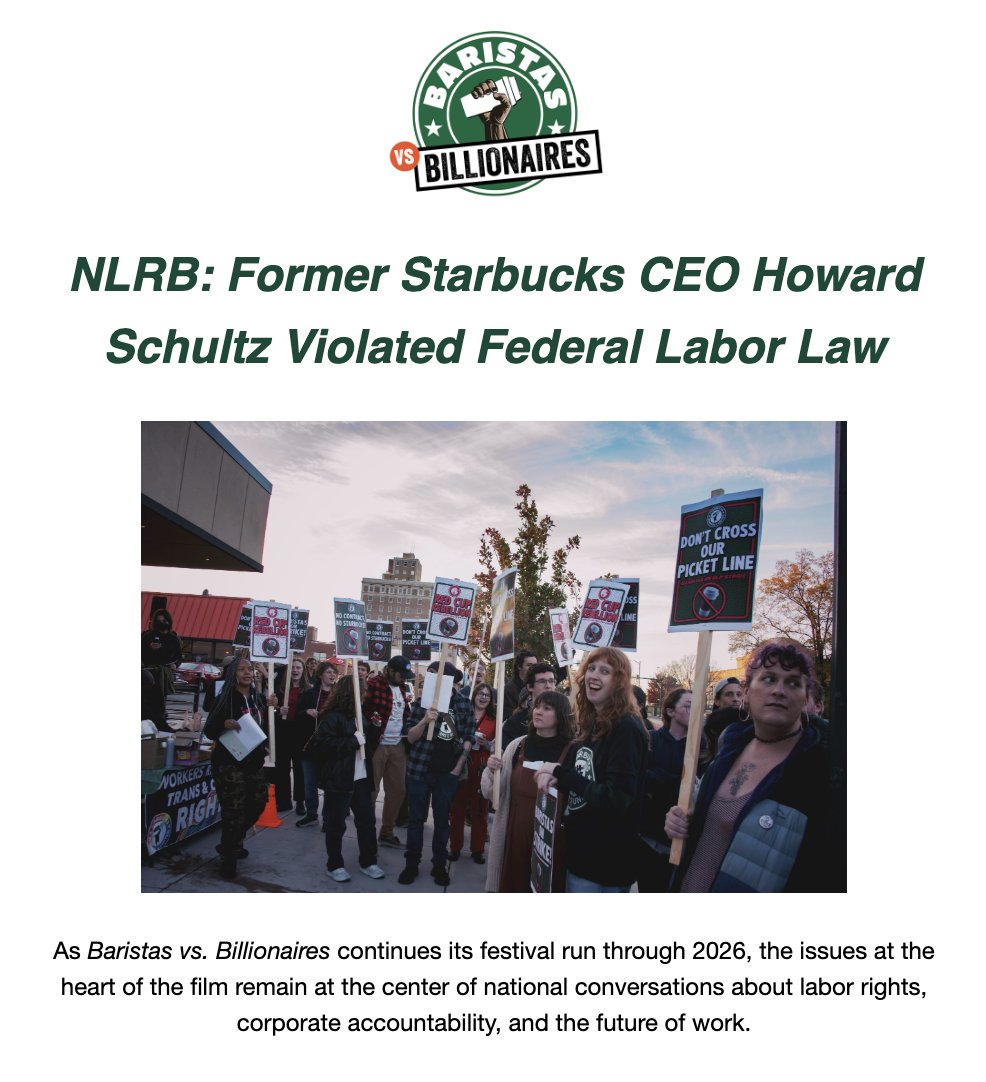 BaristasVsBill's tweet photo. NLRB: Former Starbucks CEO Howard Schultz Violated Federal Labor Law ❌ Read our full newsletter here: https://t.co/ZDhDEQFUyb https://t.co/96KlEfMQeJ