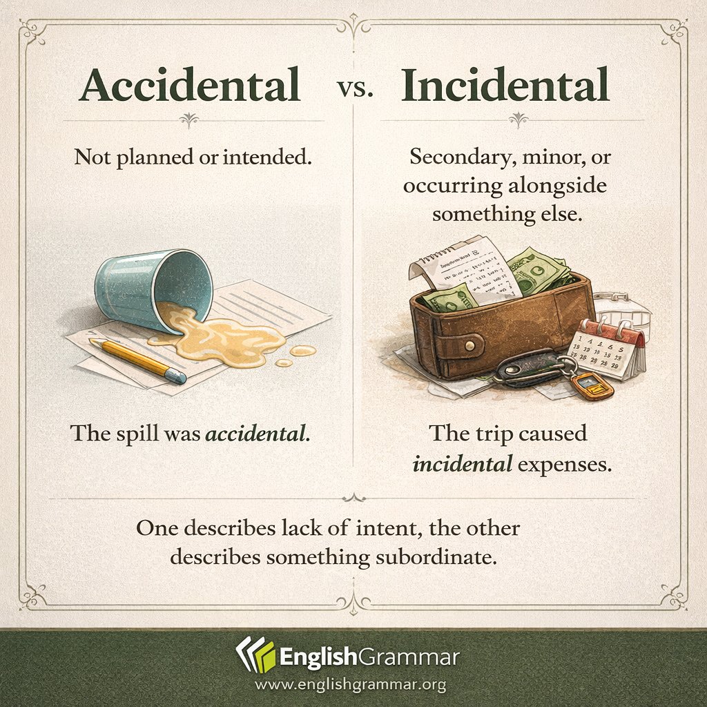 GrammarUpdates's tweet photo. Accidental vs. incidental: what is the difference? https://t.co/fMtYZ6vswH