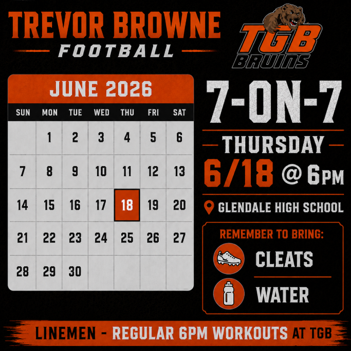 Browne_Football's tweet photo. First live competition of the summer‼️ 7-on-7 at Glendale High School - 6pm 6/18. https://t.co/ss3xCO6koo
