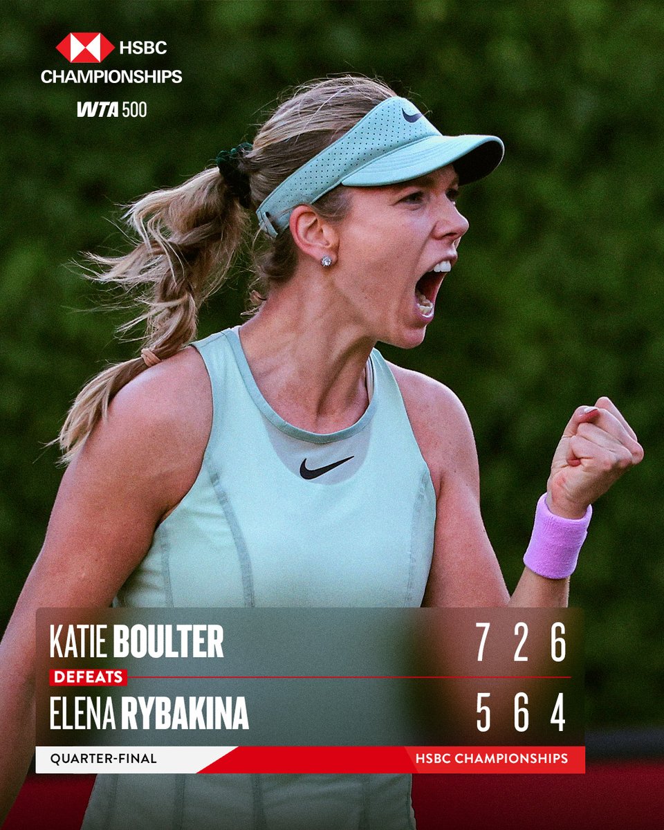 the_LTA's tweet photo. BIGGEST WIN OF HER CAREER 🔥

Katie Boulter fights past World No.2 Elena Rybakina to reach the #HSBCChampionships semi-finals 👏 https://t.co/imHEqe6ziA