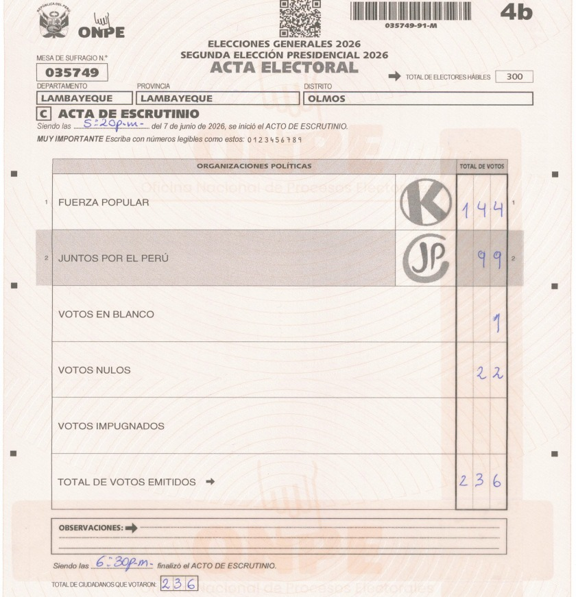 sergiosanabria4's tweet photo. #OJO Audiencia del reconteo de votos de HOY donde se confirma que a Fuerza Popular le inflaron votos en el colegio IESTP Olmos, Lambayeque. En acta colocaron 144 votos para Keiko, pero cifra real era de 119, mientras que a Sánchez le dieron 99 votos, pero cifra real era 101. https://t.co/5q32ioJ3gV