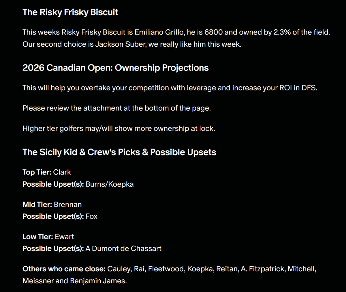 deepdivegolf's tweet photo. Haven't heard of 36-hole #RBCCanadianOpen leader Ben James before today?
We have.

Outstanding work as always from our resident DFS Guru Steve Polardi (@SicilyKidGolf) over at DeepDiveGolf.

Not only did he highlight James, but check out the full list of names below in his tight #PGADFS player pool 👀

Full article is unlocked in the replies👇